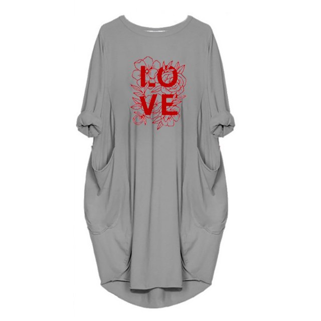 Vestido de manga larga para mujer Vestido de cuello redondo con estampado de amor Vestido casual Fridja NMB2656