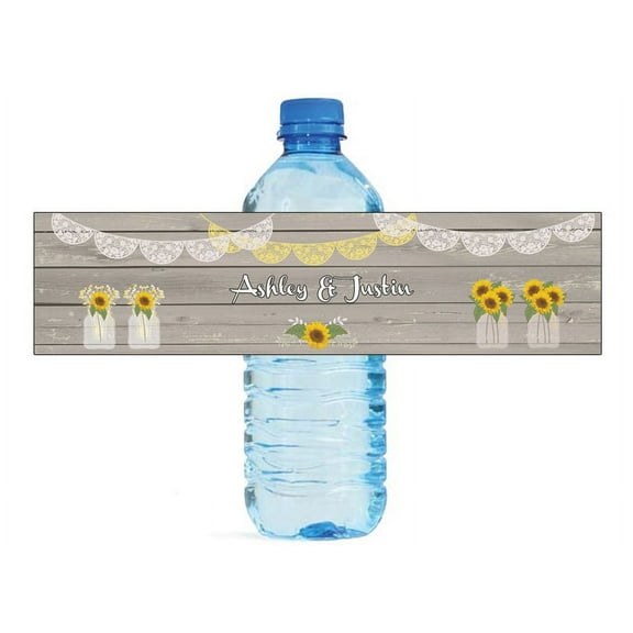 100 Sunflower Vases on Rustic Wood Wedding Anniversary Engagement Party Water Bottle labels Bridal Shower Birthday