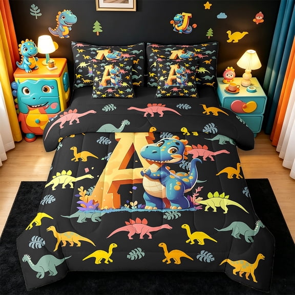 Manfei Monogrammed A Twin Bedding Sets 7pcs,Zoo Animal Dinosaur Bedding Comforter Set 7pcs,Black Yellow Sheet Sets,Microfiber Room Decorative Reversible