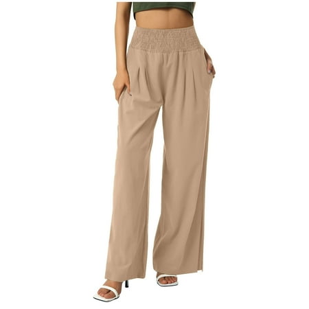 

Womens Wide Leg Pants Casual Smocked High Waisted Split Hem Yoga Pants Comfy Palazzo Trousers Pajamas with Pockets