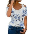 thumbnail image 2 of Giunmcul Summer Saving Cute Tops for Women Short Sleeve V-Neck Daisy Print T shirts Summer Sexy Lace Trim Cold Shoulder Strap Tunic Blouse Clearance Clothes, 2 of 5