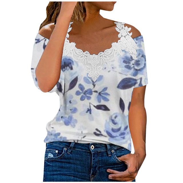 Blusa superior sexy de manga corta con retazos de encaje con cuello en V de verano para mujer OAVQHLG3B Store lin121212