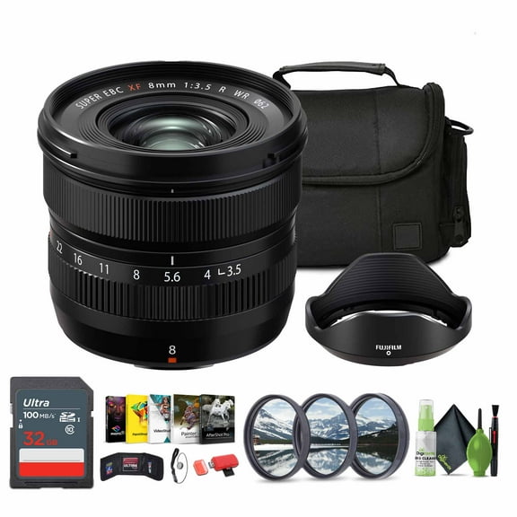 FUJIFILM XF 8mm f/3.5 R WR Lens Bundle With SOFT CASE-MED (SLR   LENSES)   32GB Memory Card   62mm 3 Piece High Resolution Filter Kit   Lens Cap Keeper   More