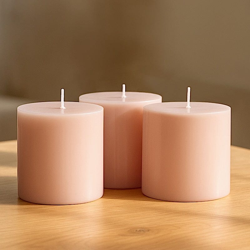 Balsa Circle 6 Blush 3x3 in Dripless Round Unscented Wax Pillar Candles Party Wedding Reception Centerpieces Event Home Decorations Supplies