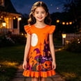 thumbnail image 2 of Girls Halloween Flutter Sleeve Dress, Cute Pumpkin Ghost Bat Print Ruffle Hem A-Line Kids Party Dress for Trick-or-Treat Holiday Daily Outdoor Wear(Orange2,3-4 Years), 2 of 4