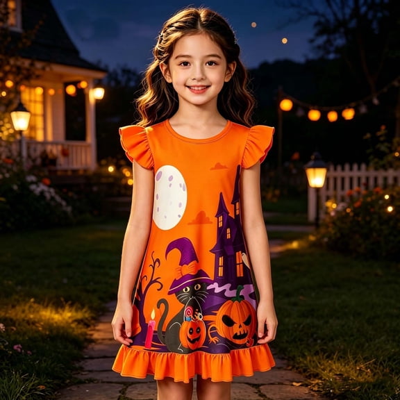 Uobin Girls Fall Winter Dress Halloween Thanksgiving Girl Dress Milk Silk Pumpkin Ghost Spider Cartoon Printed Dress Knee Length 3-10 Years