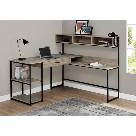 Monarch Specialties Bureau, Bureau À Domicile, Coin, Tiroirs De Rangement, Forme De L, Travail, Ordinateur Portable, Métal, Stratifié, Brun, Noir, Contemporain, Moderne
