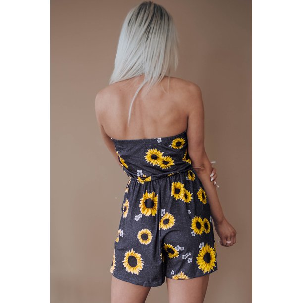ABPHQTO Pelele Bandeau Estampado Floral Amarillo de Mujer con Bolsillos