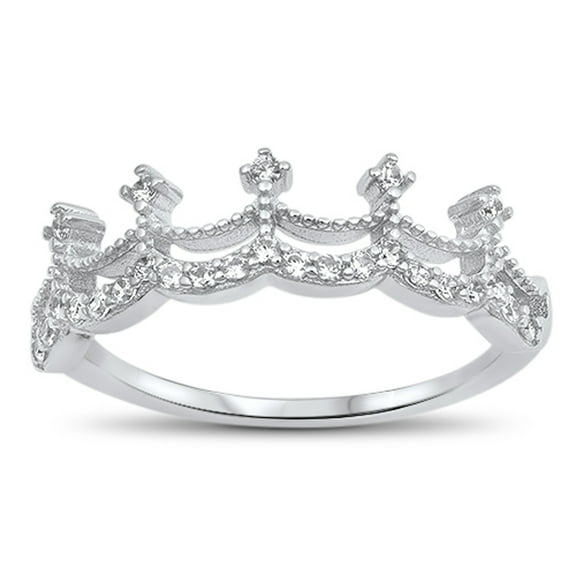 White CZ Crown Princess Tiara Wedding Ring .925 Sterling Silver Band Jewelry Female Size 9
