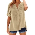 thumbnail image 3 of Lumosvexa Womens Plain T-Shirt for Women Linen Short Shirt Tops V-neck Cotton T Shirt Khaki Size 2XL, 3 of 9