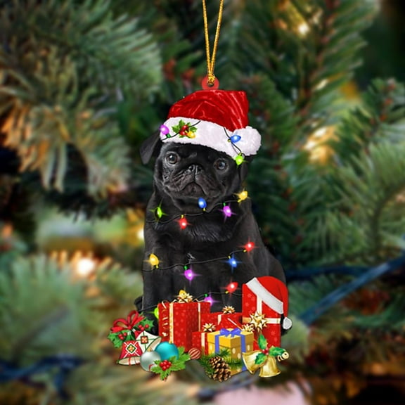 Acrylic 2D FLAT BLACK Pug 1-Dog Be Christmas Tree Hanging Ornament
