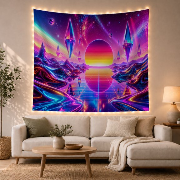 Striped Celestial Orb Over a Mirrored Cosmic Lake, Dreamy Psychedelic for Space Lovers, Galaxy Wall Art, Housewarming Gift, Tapestry Wall Hanging for Bedroom and Gaming Room