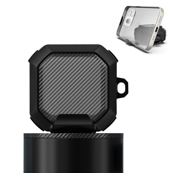 Dteck Secure Lock Carbon Fiber Case for Samsung Galaxy Buds FE (2023) / Buds 2 Pro / Buds Pro / Buds 2 / Buds Live, Galaxy Buds Accessories with Keychain That Doubles as Phone Stand,Black