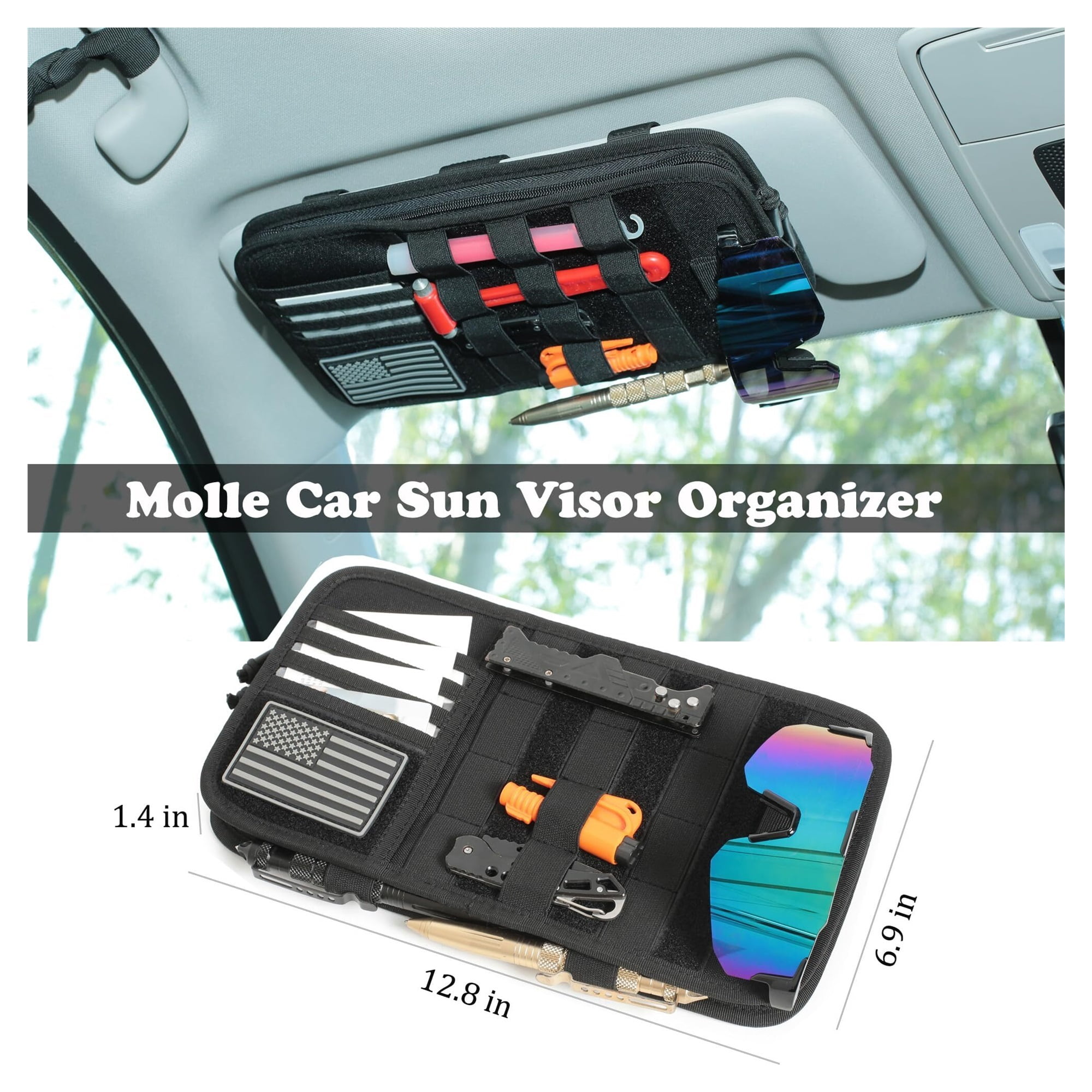 Heavy Duty Molle Car Sun Visor Organizer-Tactical Car Accessories with Zipper Visor Storage Pouch,Glasses Clip and Card Sleeve Pocket, Multi-Pocket Visor Organizer Storage Pouch for Cars SUVs Trucks
