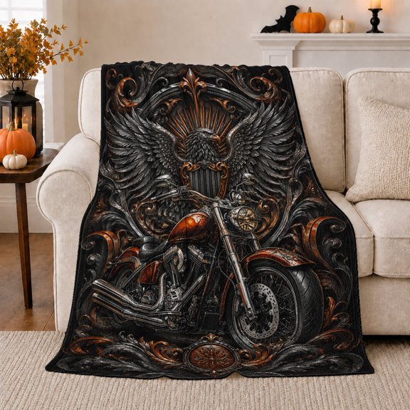 Motorcycle Eagle Metallic Scrollwork Design Black, Dramatic Artistic Scene, Warm Flannel Blanket for Home Library and Reading Nook, Art Lovers Housewarming Gift, Artistic Home Decor