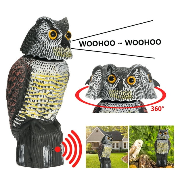 Grtxinshu Owl Scarecrow Rotating Head Hunting Decoy Bird Sound & Shadow