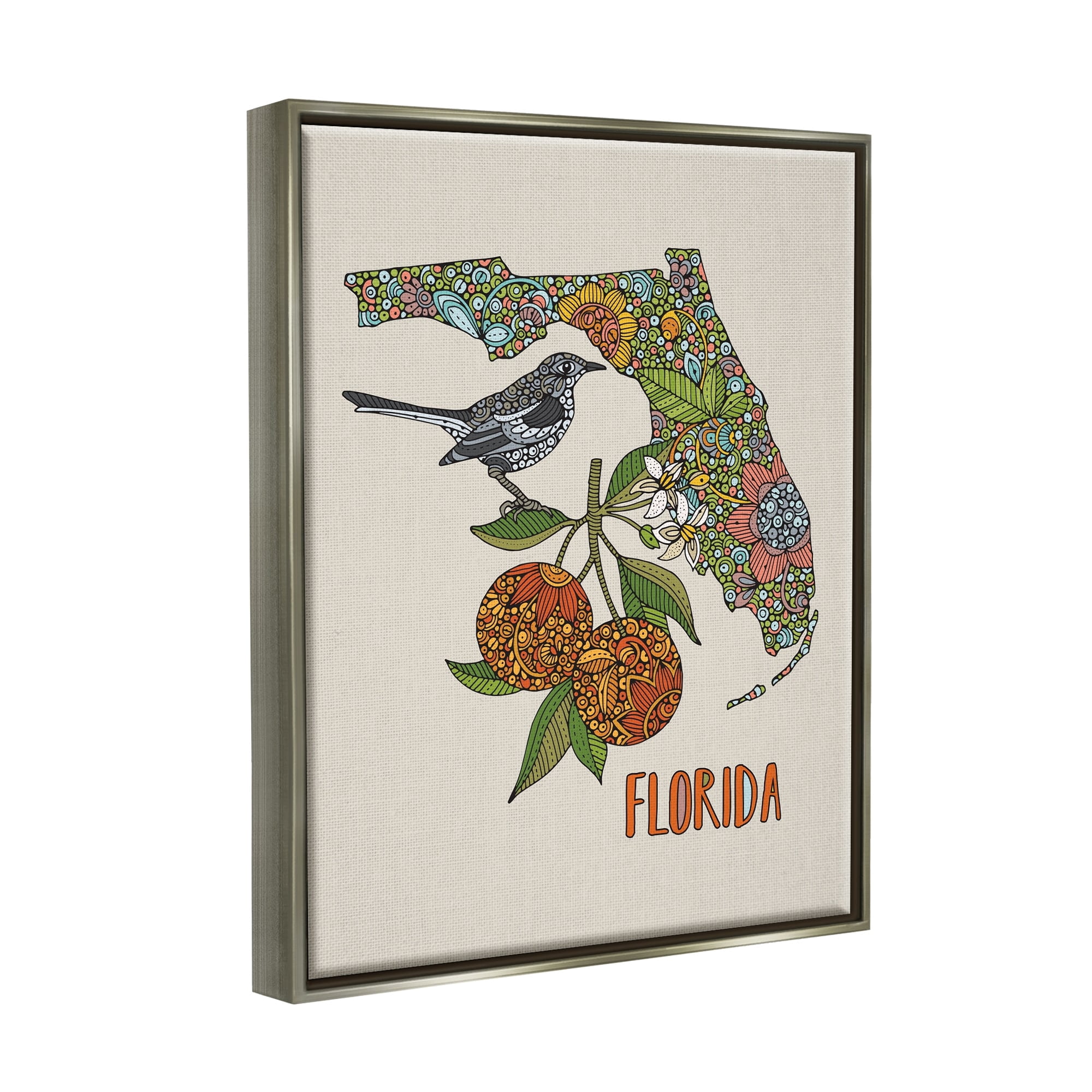 Stupell Industries Florida State Mockingbird Detailed Orange Blossom Pattern Graphic Art Luster Gray Floating Framed Canvas Print Wall Art, Design by Valentina Harper