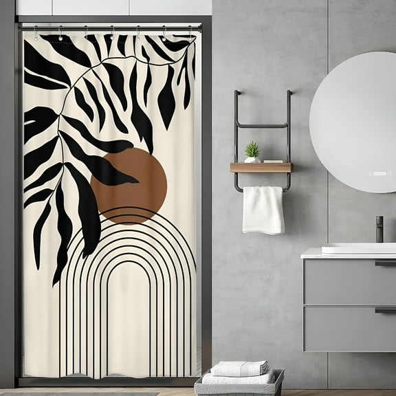 AUQ Small Abstract Leaves Shower Curtain 36x72" Boho Mid Century Half Size Minimalist Modern Geometric Single Narrow Decor Fabric Bathroom Set Polyester Waterproof