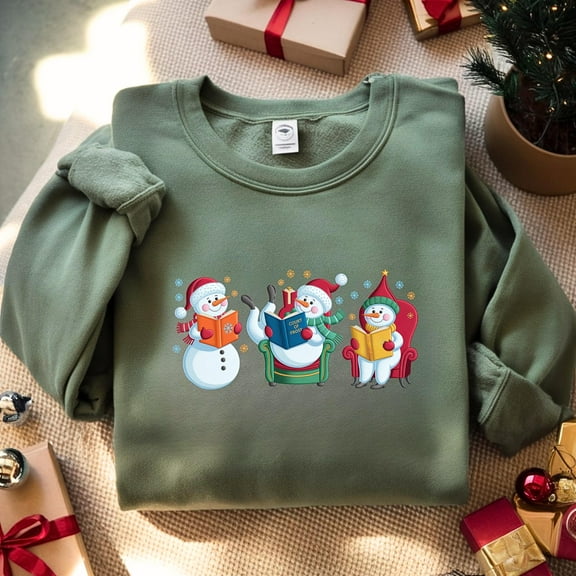 Snowman Reading Embroidered Sweatshirt, Christmas Shirt, Snowmans Read Books, Reader Lover Xmas Gift