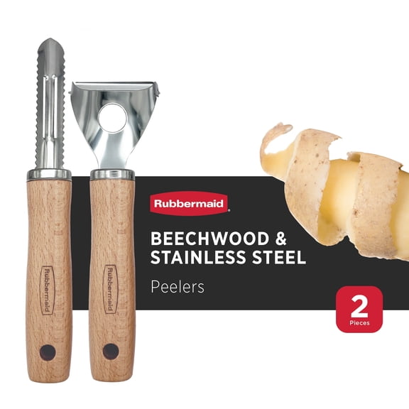 Rubbermaid Kitchen Peeler Set for Meal Prep | 2 Pc Stainless Steel Potato, Carrot & Apple Peelers | Y-Peeler & Swivel Peeler with Built-In Eye Remover & Comfortable Rubberwood Handles