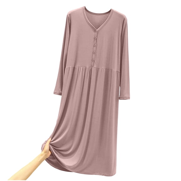 yillto Nightgowns for Womens Long Sleeve Loose Pajamas Womens Casual Sleepwear V Neck Nightdress