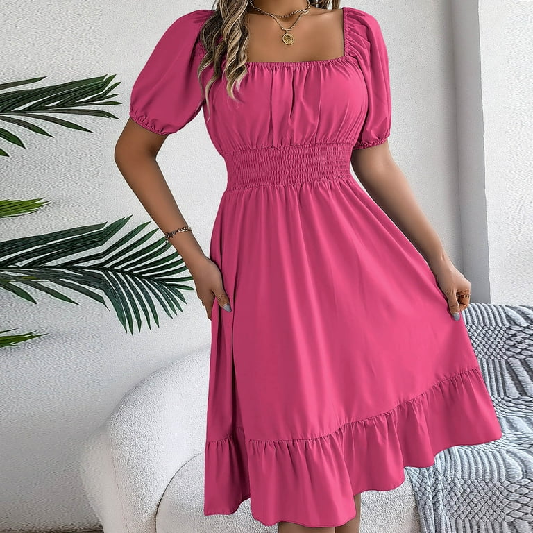 Rvkxad Summer Dress for Women Under $10 Square Neck Elastic Waist Dress  Summer Casual Ruffle Short Lantern Sleeve Loose Flowy A-Line Sundresses Hot  Pink - Walmart.com