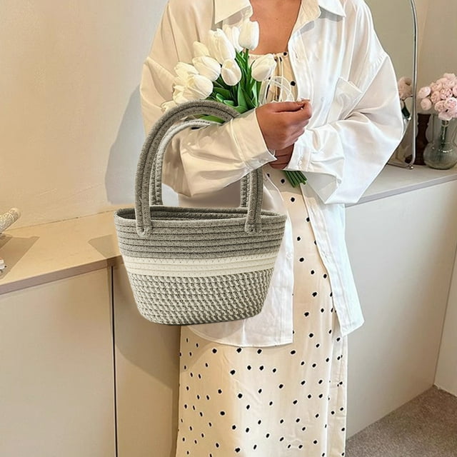 Bolso de hombro de paja de verano para mujer | Bolso de playa tejido tipo cubo | Poliéster ligero y duradero | Gris, marrón y rosa | Uso diario para viajes, compras y vacaciones