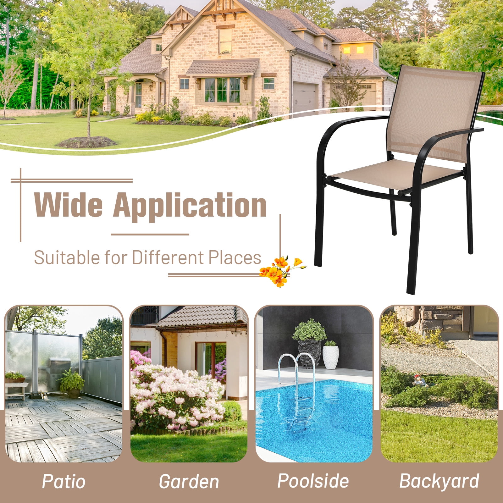 Topbuy 2PCS Outdoor Dining Chairs Stackable Chairs w/Armrests & Breathable Fabric for Balcony Garden & Patio