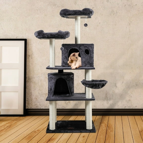Multi-Level Cat Tree with Flexible Pole Covered with Sisal, Plush Perch, Hammock and Apartment, Cat Tower Furniture-For Cats and Pets XH - Dark gray