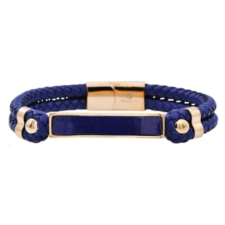 Arista Men's Genuine Lapis Lazuli and Navy Leather Bracelet in Rose Plated Stainless Steel, 8.5"