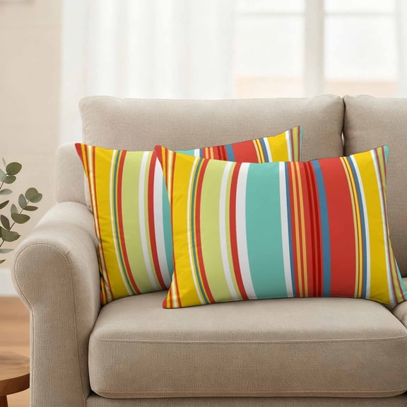 Pack of 2 Outdoor Pillow Covers,Waterproof Red Aqua Stripe Throw Pillow Covers,Country Abstract Art Colorful Striped Decorative Pillowcases Cushion Covers for Couch Pillow Sham Protector 20x12 Inch