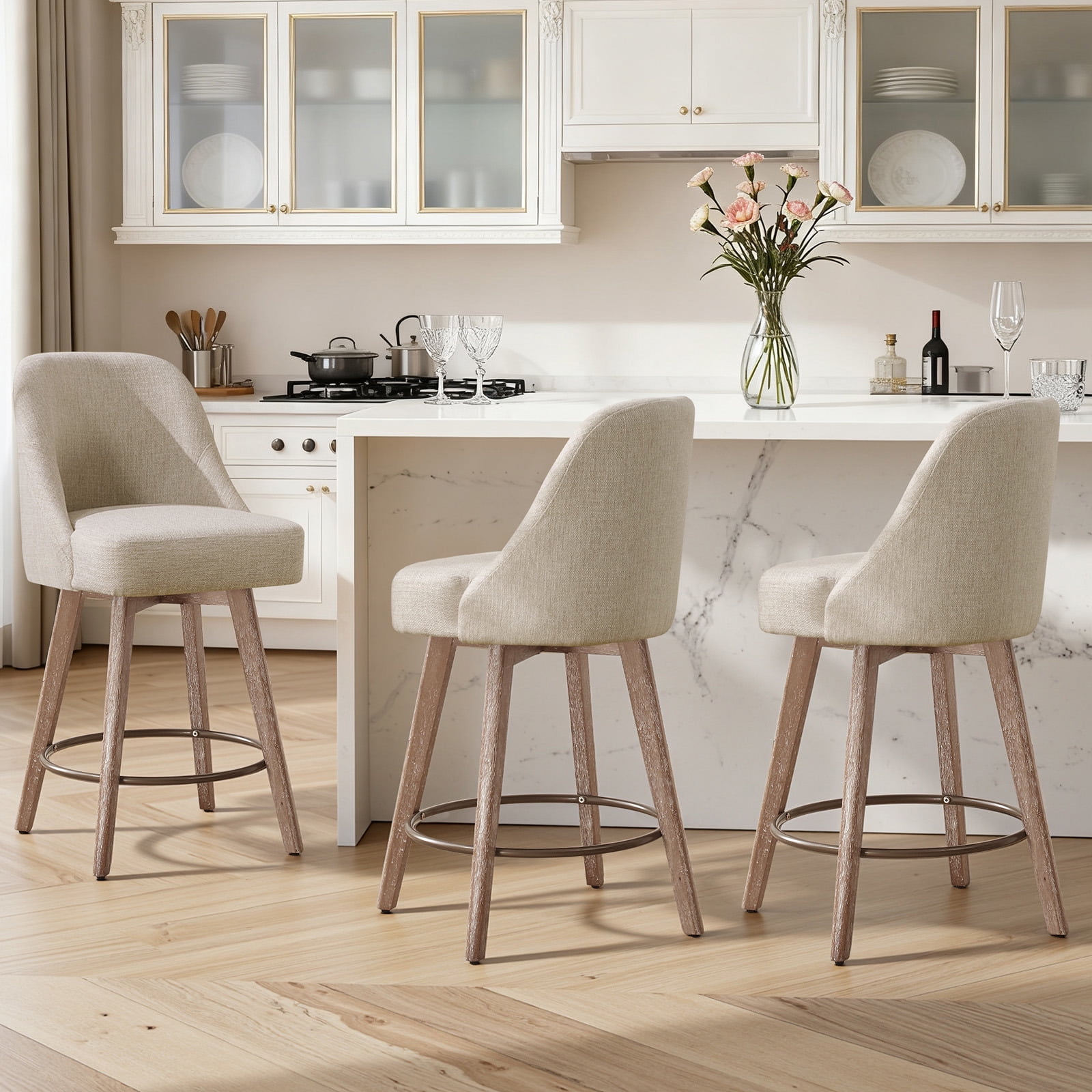 WOOW DEPOT 26" Swivel Bar Stools Large Seat Set of 2, Upholstered Linen Fabric w/ Mid-Back Wood Legs, Modern Armless Island Counter Barstools Kitchen Pub Chair, Sand