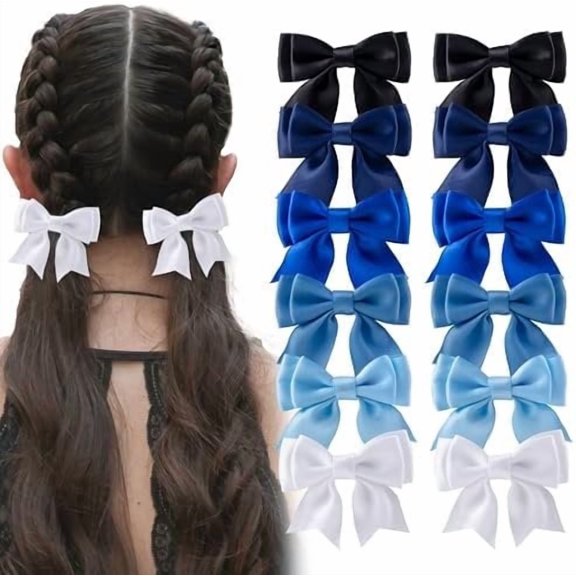 12 count Hair Bows Clips for Women Silky Satin Cute Bow Clips for Girls Short Tail Hair Ribbon Barrettes Hair Accessories(Black/White/Blue)