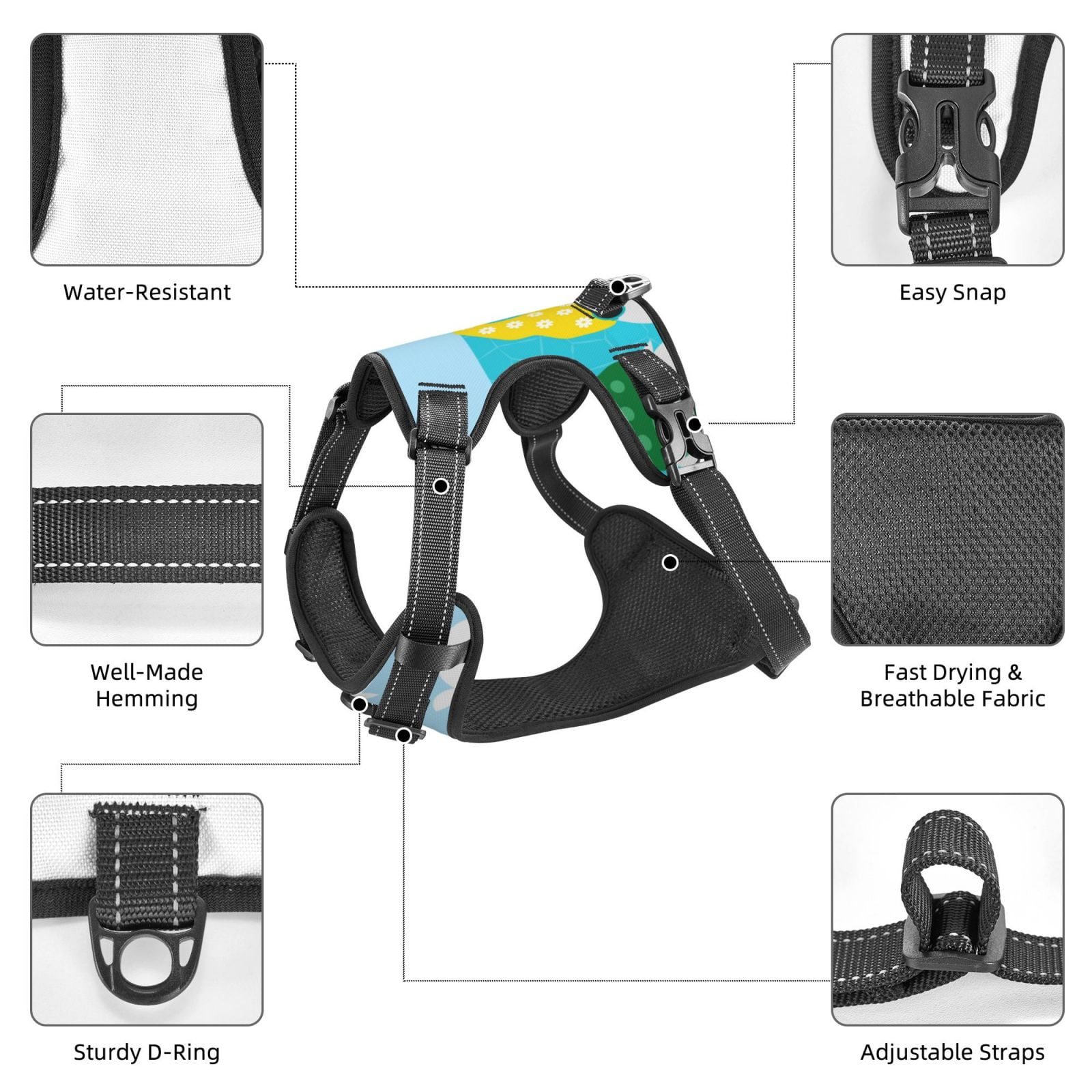 Vsdgher Gnomes On The Beach Pattern Dog Harness,No Pull Pet Harness with Soft Padded Handle,Adjustable Reflective Vest with 2 Buckles,4 Slide Buckles,S-XL Large
