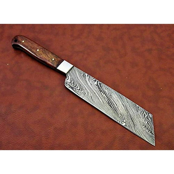 12 Inches Long Custom Made Damascus Steel Full Tang Butcher Knife 7" Full Tang Blade Blade Natural Kow Wood Scale with Brass Bolster