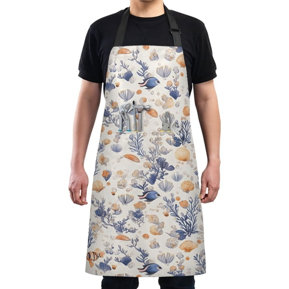 Colorful Shells Seaweed Kitchen Apron with 2 Pockets Adjustable waterproof Cooking Aprons for Women Men Chef