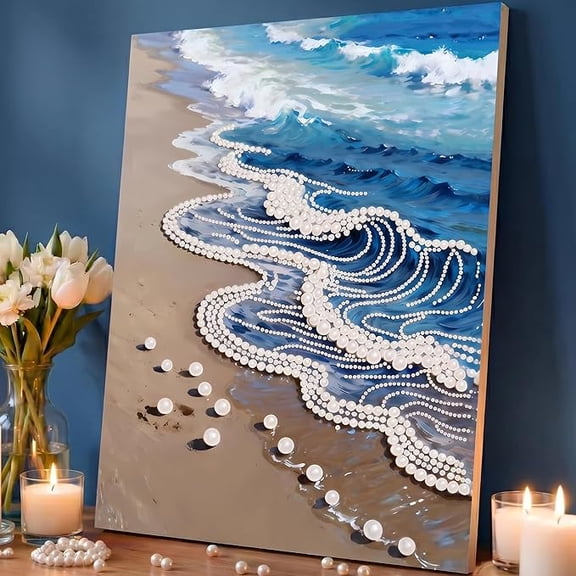 Ocean Pearl Diamond Painting Kit,3D Beach Wave DIY Art Crafts,3D Wave Designs with Sparkling Gems & Pearls.,All-inclusive DIY home decor.