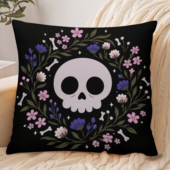 RKSupls 18x18 Inch Envelope Throw Pillow Cover, Skull Flowers Wreath Dark Soft Polyester Modern Farmhouse Decorative Cushion Case for Home Bedroom Living Room