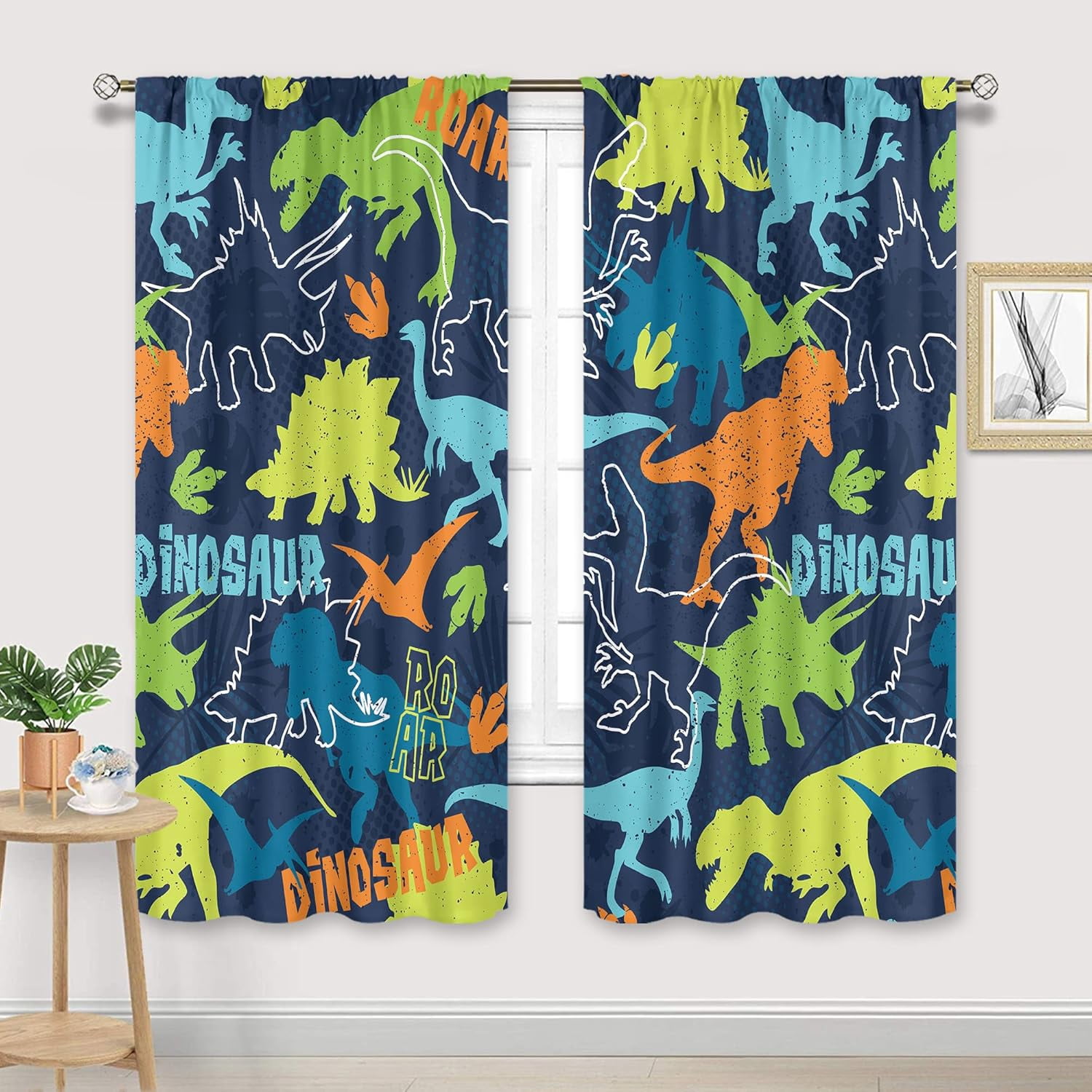 Boys Dinosaur Curtains Rod Pocket Colorful Cartoon Dino for Kids Funny Animals Child Dark Blue Cute Safari Wildlife Art Printed Living Room Bedroom Window Drapes Fabric 2 Panels 42Wx63H Inch