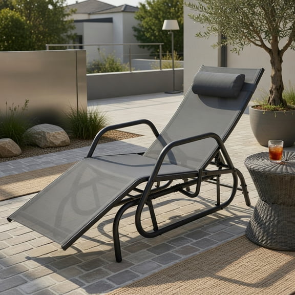 Resenkos Outdoor Chaise Lounge Chair, Outdoor Chaise Lounge Glider Chair with Armrests and Pillow-Gray, Portable Recliner for Lawn Garden Beach Yard