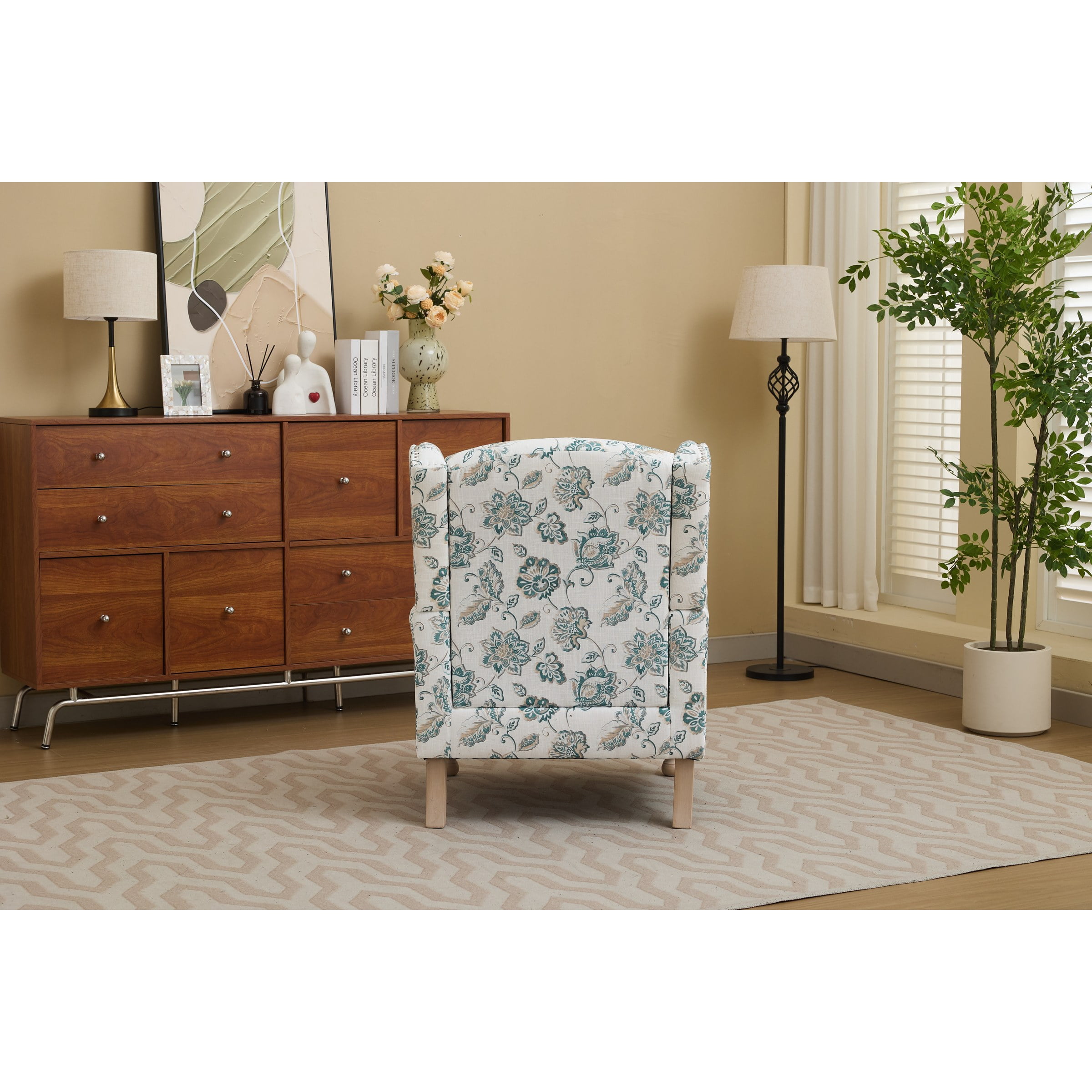 Modern Accent Chair with Retro Wood Legs, Comfy Upholstered Armchair, Floral Design Single Sofa Chair for Living Room Bedroom Office