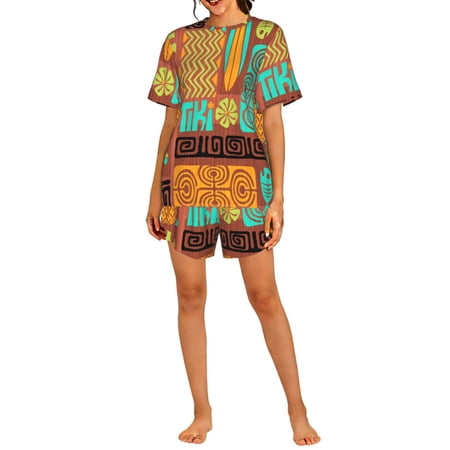 Women s Short Sleeve Pajama Set 2-Piece Loungewear Sleepwear Top and Shorts Retro Tiki Tribal Hawaiian