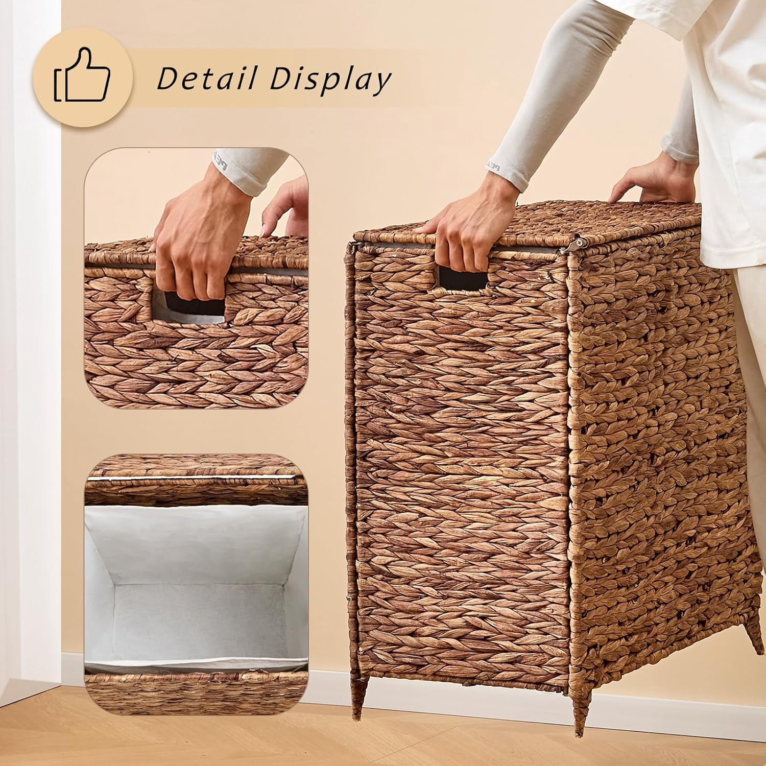 Casa Pura Furniture Handwoven Large Laundry Hamper with Lid, 2 Removable Liner Bags, Heightened Feet, Natural Hyacinth Wicker Clothes Storage Basket for Towels & Clothing