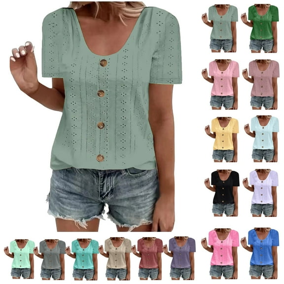 Women Tops Ndbuld Womens Fashion Summer Short Sleeve Round-Neck Solid Casaul Tops T-shirt .00 Green L