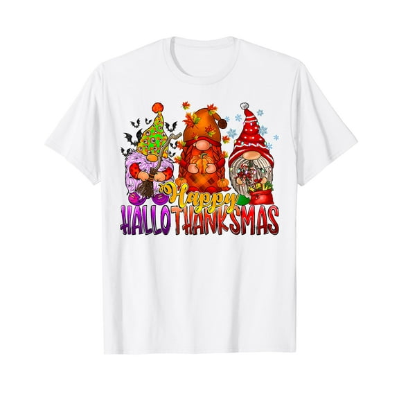 Happy Hallothanksmas Gnomes Halloween Thanksgiving Christmas White T-Shirt