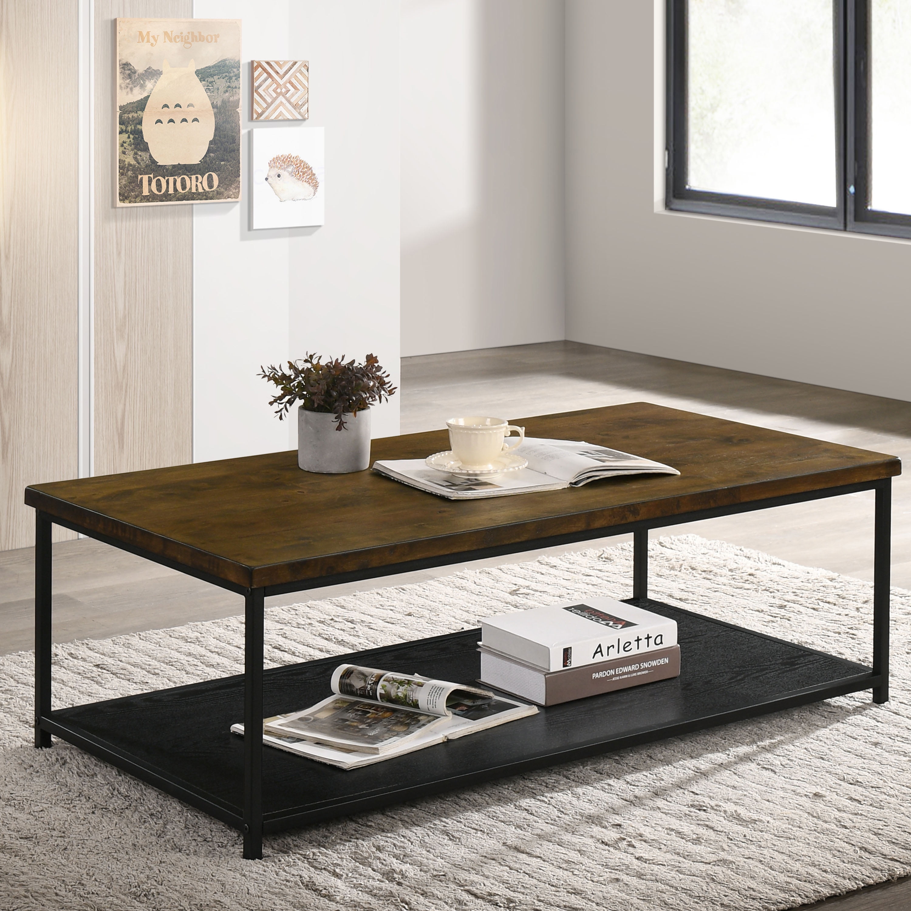 Furniture of America Mesto Industrial Wood and Metal Rectangle Coffee Table, Oak