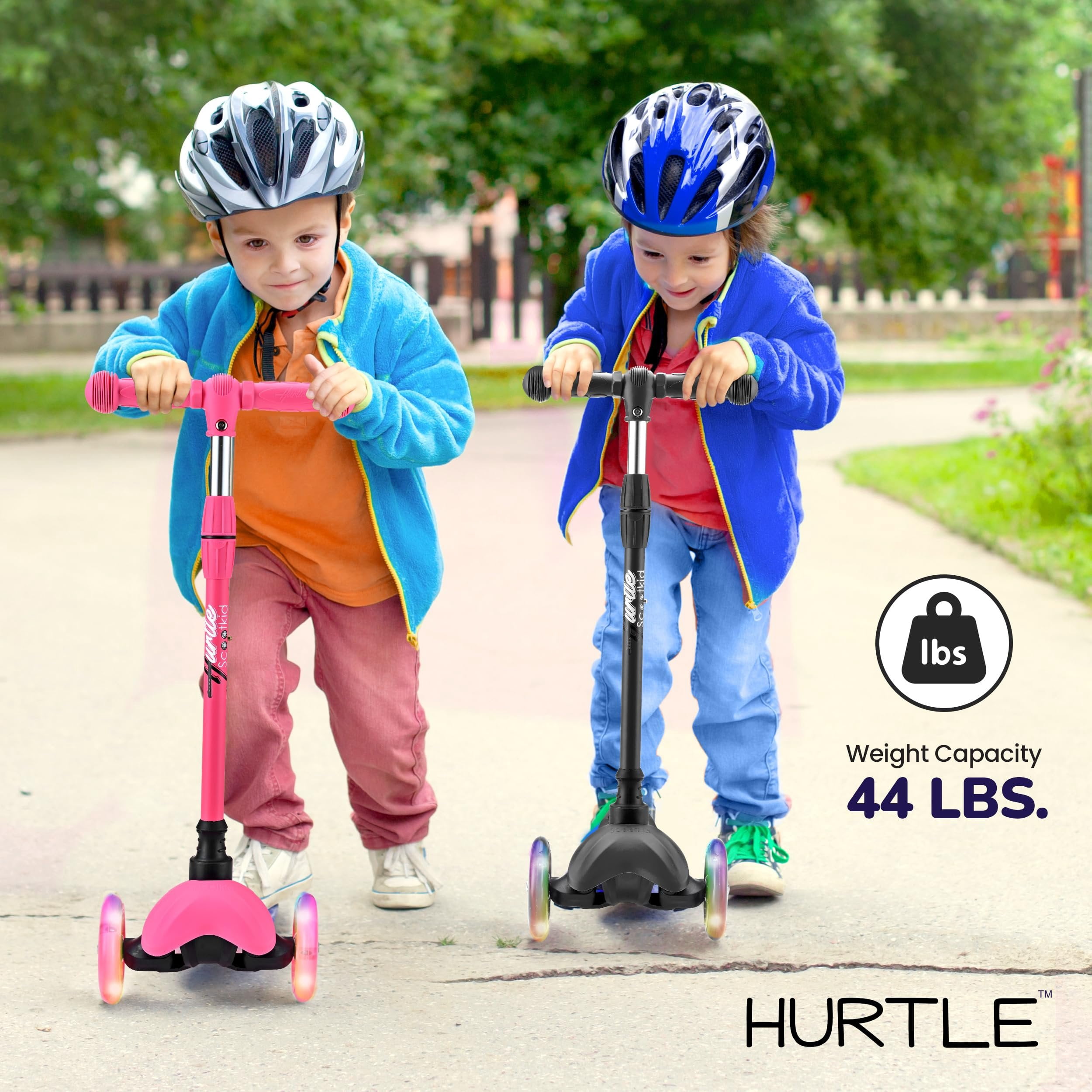 Hurtle Mini Kickboard Scooter for Kids - Height Adjustable 25''-28'', Lightweight 3-Wheels with LED Light-up, Anti-Slip,Indoor/Outdoor Fun, Micro-Scooter for Ages 2-5