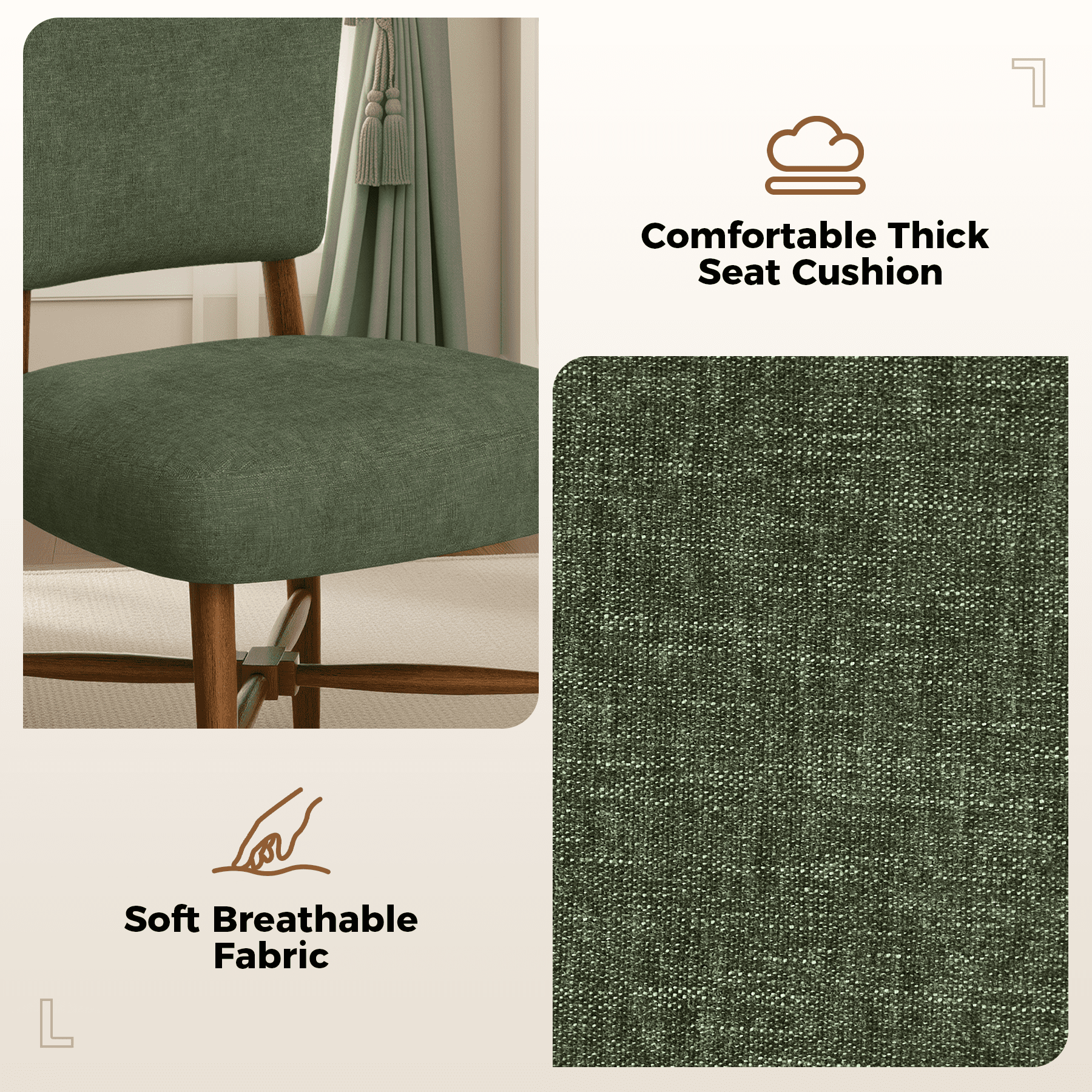 MOONMISS Upholstered Dining Chairs(Set of 2), Modern Farmhouse Accent Chairs with Solid Wood Legs, Fabric Kitchen & Dining Room Chairs,Green