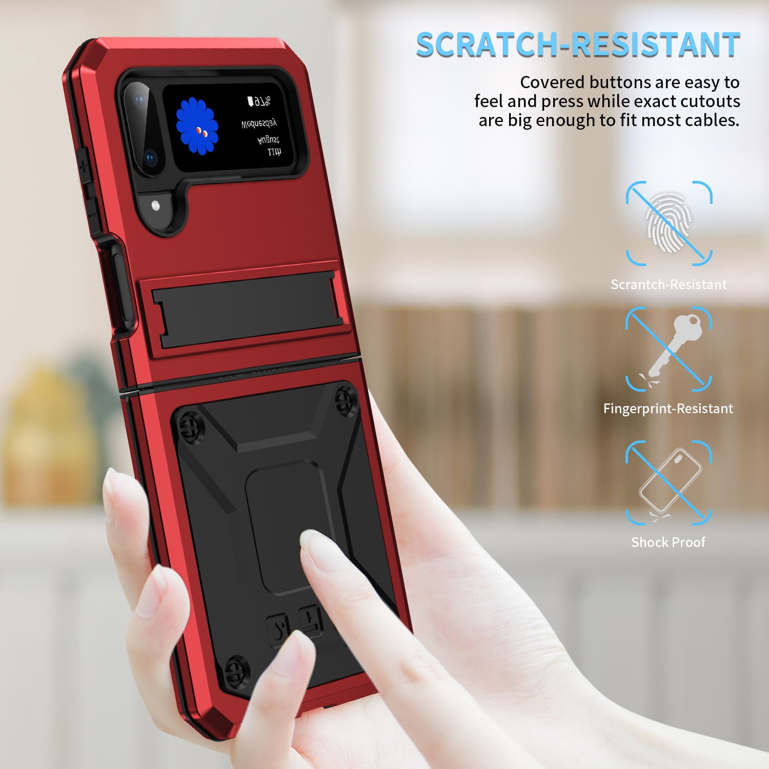 ELEHOLD for Samsung Galaxy Z Flip 4/3 6.7" Case, Heavy Duty Armor Built-in Explosion-Proof Tempered Glass Screen Protector Wireless Charging Hang Rope Hidden Kickstand Shockproof Rugged Case,Red