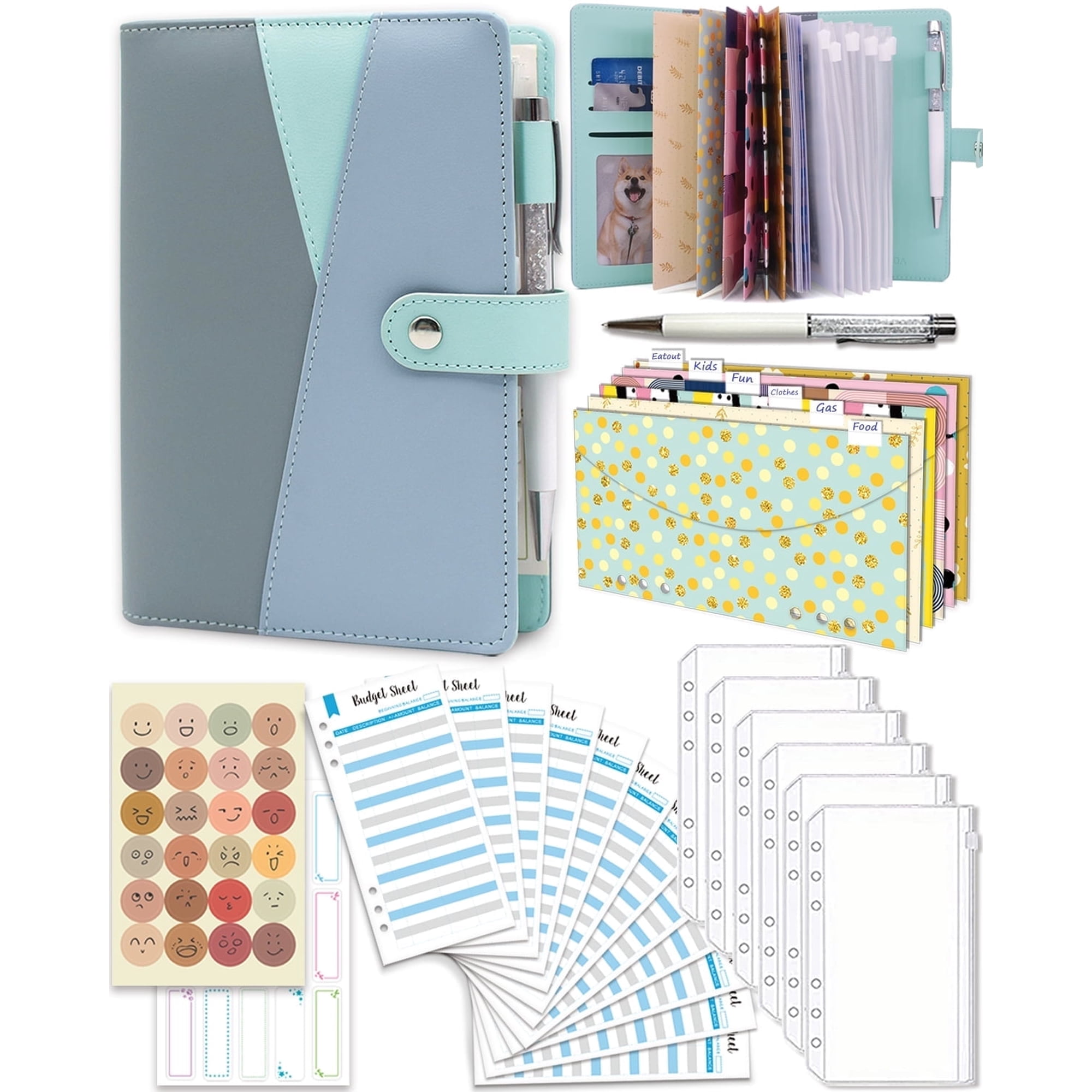 Money Saving Binder with Cash Envelopes, Including Zipper PVC Pockets, Cash Envelopes, Stickers and Pen, Blue
